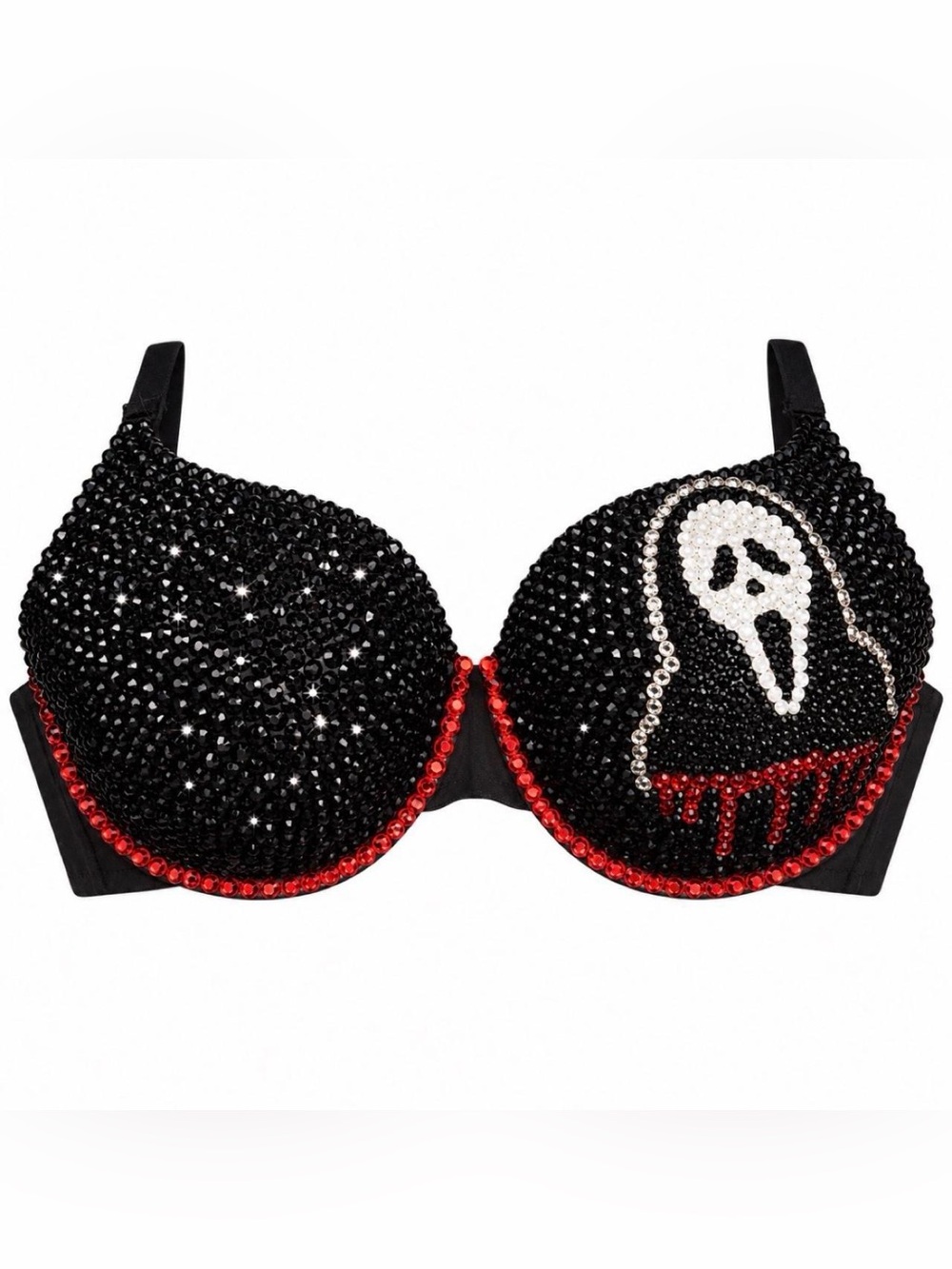 36D Ghost Face Design Black White Red Crystal Glam Horror Theme Bra Top
